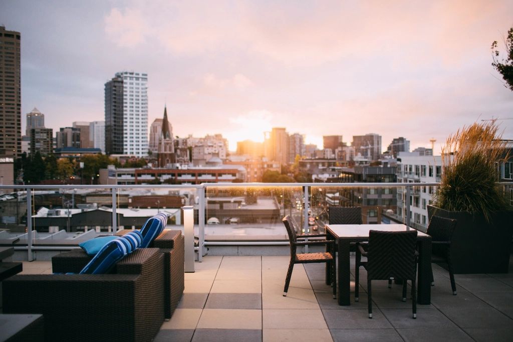 The rooftop terrace in the evening